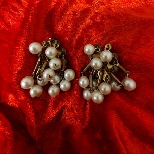 Vintage Gold Tone Cha Cha Faux Pearl Clip Earrings